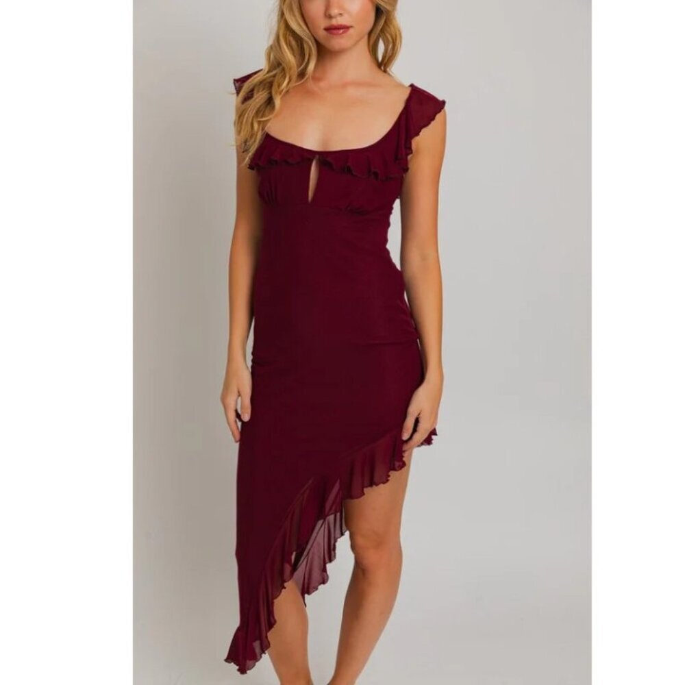 LE LIS COLLECTION Sexy Dress Red Wine Asymmetrical Ruffled Sexy Dress